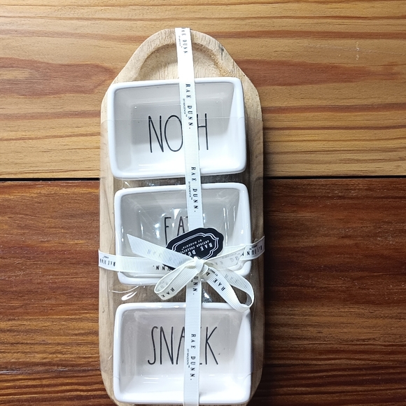 Rae Dunn NOSH EAT SNACK on wooden base - Picture 2 of 3